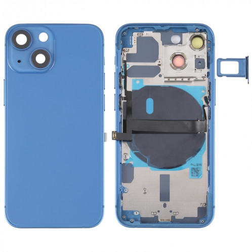 Coque arrière de batterie pour iPhone 13 mini avec touches latérales et plateau de carte et câble flexible d'alimentation + volume et module de charge sans fil (bleu) SH14LL595-37