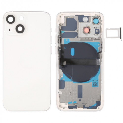 Coque arrière de batterie pour iPhone 13 mini avec touches latérales et plateau de carte et câble flexible d'alimentation + volume et module de charge sans fil (blanc) SH14WL673-37