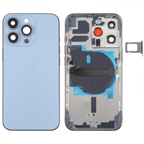 Coque arrière de batterie pour iPhone 13 Pro avec touches latérales et plateau de carte et câble flexible d'alimentation + volume et module de charge sans fil (bleu) SH08LL1522-37