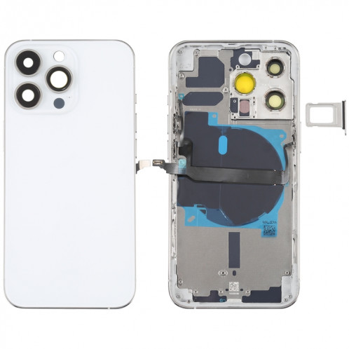 Coque arrière de batterie pour iPhone 13 Pro avec touches latérales et plateau de carte et câble flexible d'alimentation + volume et module de charge sans fil (blanc) SH08WL1070-37