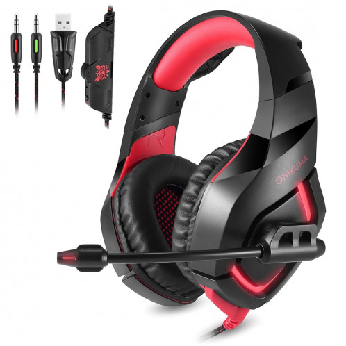 ONIKUMA K1B 3.5mm Plug Stéréo USB LED Lumière Casque avec Microphone, Pour PS4, Smartphone, Tablette, PC, Ordinateur Portable (Rouge) SO174R1877-312