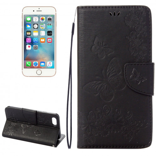 Pour iPhone 8 & 7 fleurs pressées papillon motif horizontal étui en cuir flip avec titulaire et fentes pour cartes et porte-monnaie (noir) SP212B1851-39