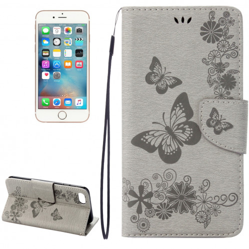 Pour iPhone 8 & 7 fleurs pressées modèle papillon flip horizontal étui en cuir avec titulaire et fentes pour cartes et porte-monnaie (gris) SP212H218-39