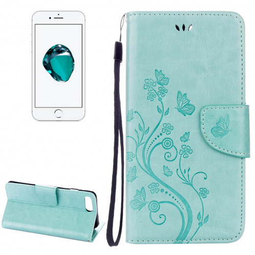 Pour iPhone 8 Plus et 7 Plus Fleurs Gaufrage Horizontal Flip Housse en cuir avec titulaire et fentes pour cartes et porte-monnaie et lanière (vert) SF191G1452-36