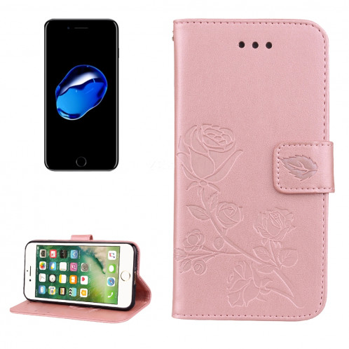 Fro Etui en cuir avec motif de fleurs pressées pour iPhone 8 Plus et 7 Plus Roses avec support, emplacements pour cartes et porte-monnaie (Or rose) SH05RG411-312