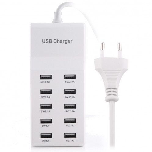 Adaptateur de chargeur USB 5 ports 2.4A / 2.1A / 1A 10 ports, pour iPhone, Galaxy, Huawei, Xiaomi, LG, HTC et autres téléphones intelligents, appareils rechargeables, prise UE (blanc) SH880W907-35