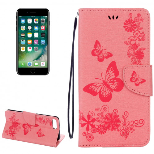 Pour iPhone 8 Plus et 7 Plus Papillons Gaufrage Housse en cuir Flip horizontale avec titulaire et fentes pour cartes et portefeuille et lanière (rose) SH953F1435-36