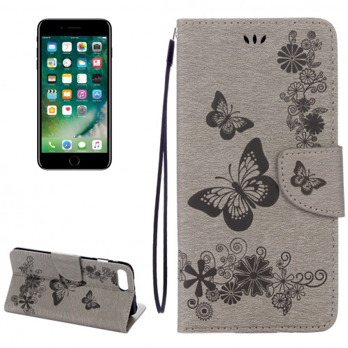 Pour iPhone 8 Plus et 7 Plus Papillons Gaufrage Housse en cuir Flip Horizontal avec Holder & Card Slots & Wallet & Lanyard (Gris) SH953H383-36
