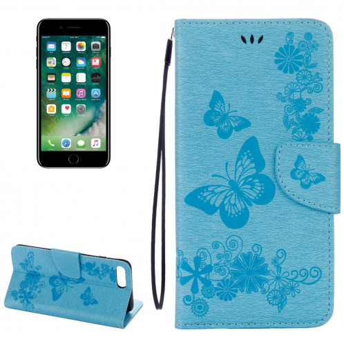 Pour iPhone 8 Plus et 7 Plus Papillons Gaufrage Housse en cuir pour rabat avec porte-cartes et fentes pour cartes et porte-monnaie et lanière (Bleu) SH953L809-36