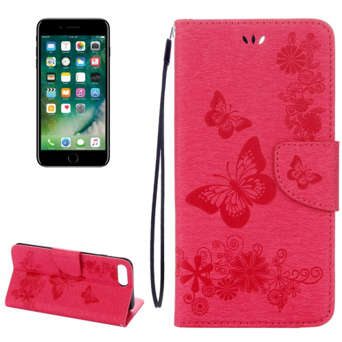 Pour iPhone 8 Plus et 7 Plus Butterflies Gaufrage Housse en cuir avec support et fentes pour cartes et portefeuille et lanière (Magenta) SH953M600-36