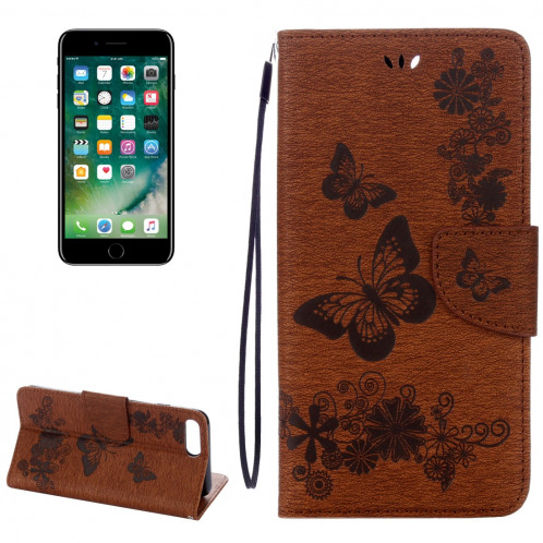 Pour iPhone 8 Plus et 7 Plus Papillons Gaufrage Housse en cuir pour rabat avec porte-cartes et fentes pour cartes et porte-monnaie et lanière (brun) SH953Z267-36