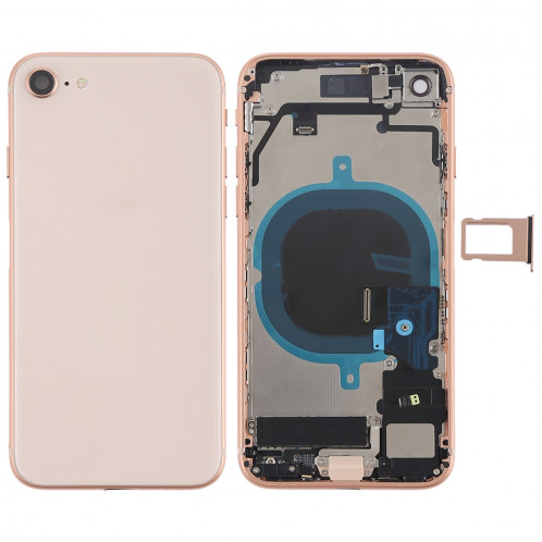 Couvercle de la batterie avec touches latérales et vibreur et haut-parleur fort et bouton d'alimentation + bouton de volume Câble et bac à cartes pour iPhone 8 (or rose) SH7RGL315-37