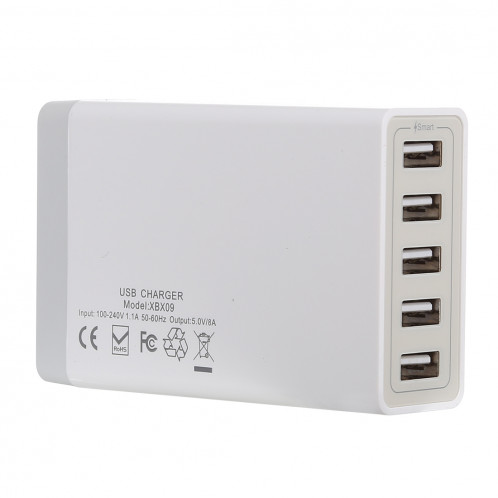 XBX09 5V 8A 5 ports USB Chargeur rapide Chargeur de voyage (Blanc) SH176W305-36