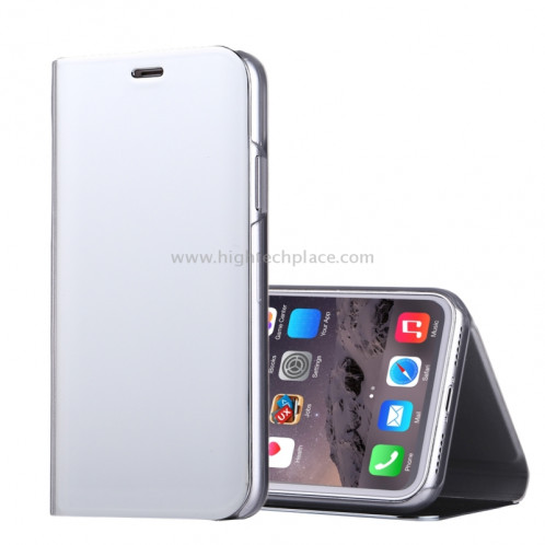 Pour iPhone X Miroir électrolytique Housse horizontale en cuir Flip avec support (Argent) SP591S2-36