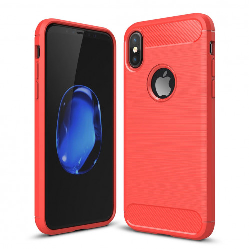 Pour iPhone X / XS Fibre De Carbone TPU Texture Brossée Antichoc Housse de Protection Arrière (Rouge) SH010R937-312