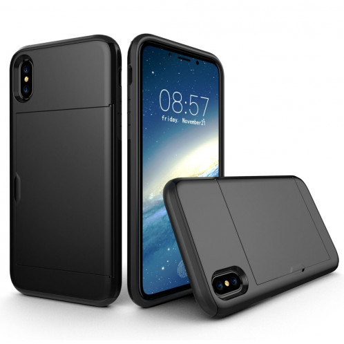 Pour iPhone X / XS TPU + PC Housse de protection arrière à l'épreuve des gouttes avec fente pour carte (noir) SH014B1742-36