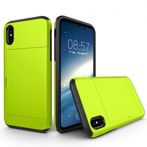 Pour iPhone X / XS TPU + PC Dropproof Case Housse de protection avec fente pour carte (lumière verte fluorescente) SH14FG1001-36