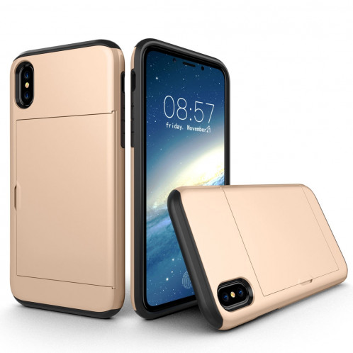 Pour iPhone X / XS TPU + PC Dropproof Case Housse de protection avec fente pour carte (or) SH014J1039-36