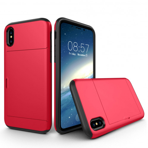 Pour iPhone X / XS TPU + PC Dropproof Case de couverture arrière avec fente pour carte (rouge) SH014R1953-36