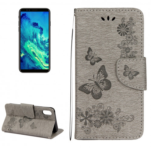 Pour iPhone X fleurs pressées motif papillon horizontal étui en cuir flip avec titulaire et fentes pour cartes et portefeuille et lanière (gris) SP571H1959-37