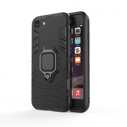 PC + TPU Housse de protection antichoc pour iPhone 8 Plus et 7 Plus, avec support de bague magnétique (Noir) SH170B1725-37