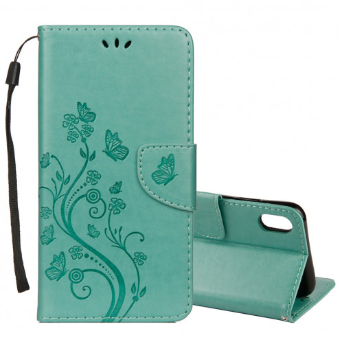 Étui à rabat horizontal avec motif papillon en relief avec fente pour cartes, porte-monnaie et porte-monnaie et lanière pour iPhone XR (vert) SH039G1971-39