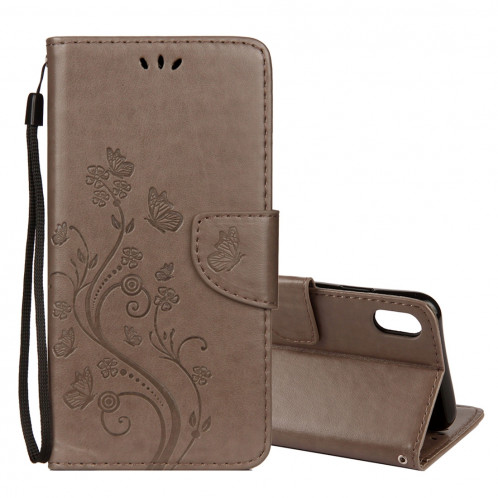 Étui à rabat horizontal avec motif papillon en relief avec fente pour cartes, porte-monnaie et porte-monnaie et lanière pour iPhone XR (gris) SH039H8-39