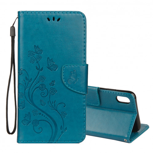Étui à rabat horizontal avec motif papillon en relief avec fente pour cartes et porte-monnaie et porte-monnaie et lanière pour iPhone XR (bleu) SH039L229-39