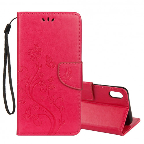 Étui à rabat horizontal avec motif papillon en relief avec fente pour cartes, porte-monnaie et porte-monnaie et lanière pour iPhone XR (Magenta) SH039M1346-39