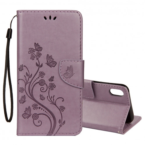 Étui à rabat horizontal avec motif papillon en relief avec fente pour carte, porte-monnaie et porte-monnaie et lanière pour iPhone XR (violet) SH039P1702-39