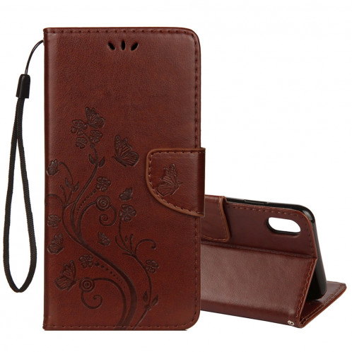 Étui à rabat horizontal avec motif papillon en relief avec fente pour cartes, porte-monnaie et porte-monnaie et lanière pour iPhone XR (marron) SH039Z1155-39