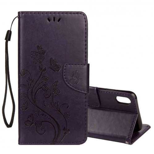 Étui à rabat horizontal en cuir avec motif papillon en relief, porte-cartes, porte-monnaie et porte-monnaie pour iPhone XS Max (violet foncé) SH14DZ1062-39