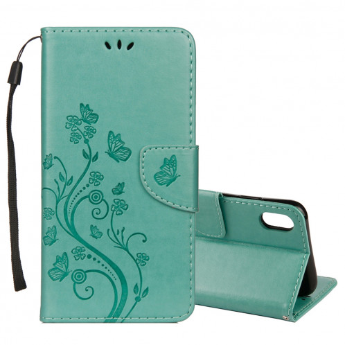 Étui à rabat horizontal en cuir avec motif papillon en relief avec porte-cartes et porte-monnaie et porte-monnaie pour iPhone XS Max (vert) SH014G1091-39