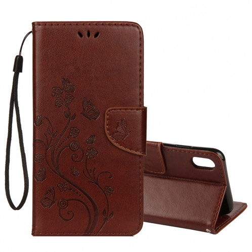 Étui à rabat horizontal avec motif papillon en relief avec fente pour cartes, porte-monnaie et porte-monnaie et lanière pour iPhone XS Max (marron) SH014Z1253-39