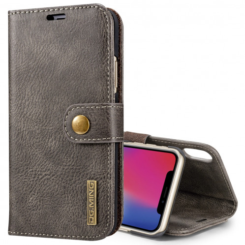 DG.MING pour iPhone X / XS Crazy Horse Texture Housse de protection magnétique amovible avec porte-monnaie et porte-monnaie (Gris) SD080H1992-39