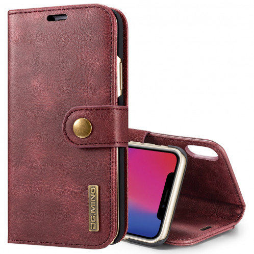 DG.MING pour iPhone X / XS Crazy Horse Texture Housse de protection magnétique détachable avec support et fentes pour cartes et porte-monnaie (rouge) SD080R876-39