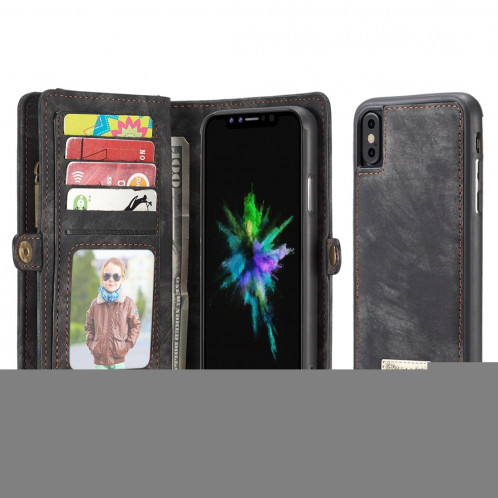 CaseMe-008 pour iPhone X / XS TPU + PC Absorption magnétique amovible couverture arrière horizontale en cuir avec support et fentes pour cartes & Zipper Wallet & cadre photo (noir) SC922B326-312