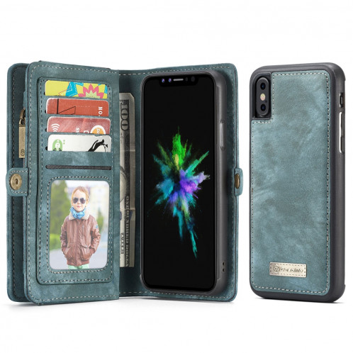 CaseMe-008 pour iPhone X / XS TPU + PC Absorption Magnétique Amovible Couverture Arrière Housse En Cuir Horizontal Avec Porte-Fentes & Carte & Zipper Wallet & Cadre Photo (Bleu) SC922L1097-312