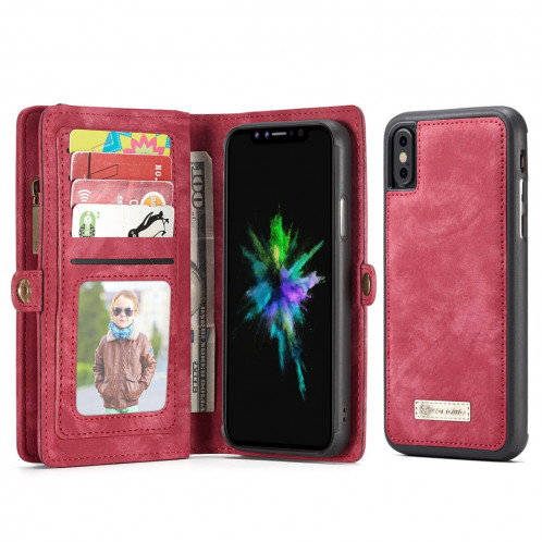 CaseMe-008 pour iPhone X / XS TPU + PC Absorption magnétique Dos détachable Housse en cuir horizontale avec support et fentes pour cartes & Zipper Wallet & Cadre photo (Rouge) SC922R1399-312