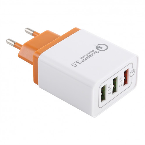 AR-QC-03 2.1A 3 ports USB Chargeur rapide Chargeur de voyage, prise UE (Orange) SH001E1301-34