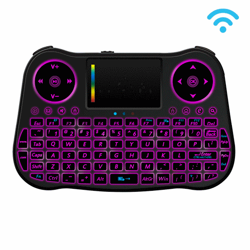 MT08 2.4GHz Mini Sans Fil Air Souris QWERTY Clavier avec Rétro-Éclairage Coloré et Touchpad & Contrôle Multimédia pour PC, TV (Noir) SM082B1261-311