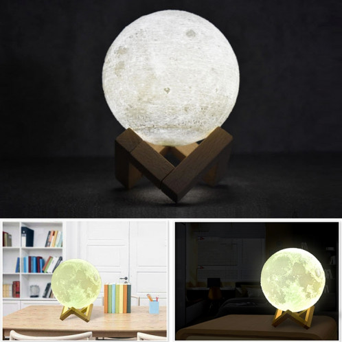 1W 3D Print Moon Lampe USB Charge Contrôle tactile Blanc + Jaune Lumière Changement de Couleur LED Nuit Économie d'énergie avec Support en Bois Base, Diamètre: 8cm S11203957-312
