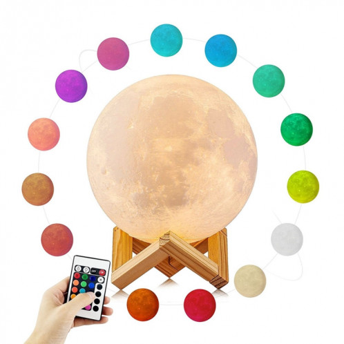 YouOKLight YK2302 3D Print Moon Lamp, Diamètre: 15cm, USB Contrôle de charge Touch Control 16-Color Dimming LED Night Light avec télécommande et support en bois SY2314686-312