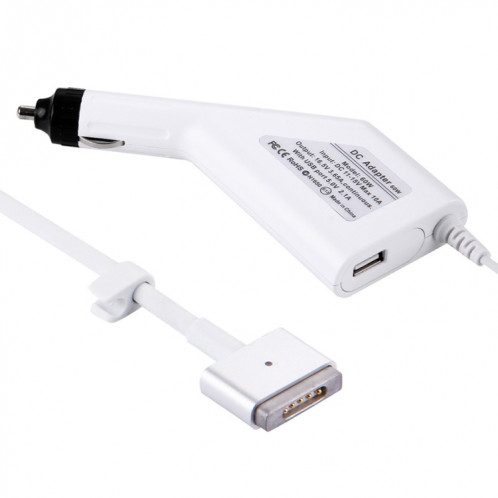 60W 16.5V 3.65A 5 broches T style MagSafe 2 chargeur de voiture avec 1 port USB pour Apple Macbook A1465 / A1502 / A1435 / MD212 / MD2123 / MD662, longueur: 1,7 m (blanc) SH383W1525-36