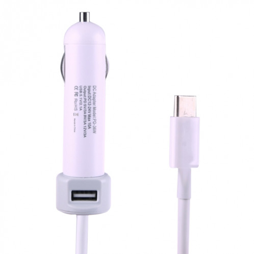 36W 5V 9V 12V 15V 3A DC USB-C / Type-C adaptateur de voiture avec 1 port USB pour Apple Macbook A1534, longueur: 2m (blanc) SH211W313-35