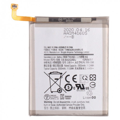Remplacement de la batterie Li-ion d'origine 3000mAh EB-BA202ABU pour Samsung Galaxy A10e SM-A102 / A20E SM-A202 SH0415173-34