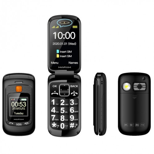 MAFAM F899 Flip Téléphone, 2,4 pouces, 32 Mo + 32 Mo, support FM, SOS, GSM, numéro de famille, grandes clés, double sim (noir) SH158B707-38