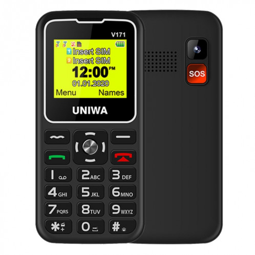 Téléphone portable UNIWA V171, 1.77 pouces, batterie 1000mAh, 21 touches, prise en charge Bluetooth, FM, MP3, MP4, GSM, double SIM, avec base d'accueil (noir) SU752B1434-38