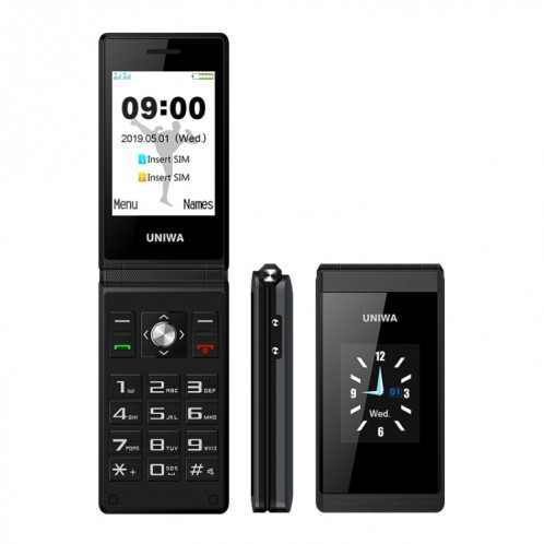 Téléphone à bascule à double écran UNIWA X28, 2,8 pouces + 1,77 pouce, MT6261D, support Bluetooth, FM, SOS, GSM, Dual Sim (Noir) SU863B1766-315