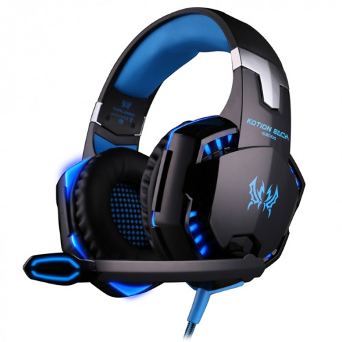 KOTION CHAQUE G2000 Sur-oreille Jeu Gaming Casque Casque Écouteur Bandeau avec Micro Basse Stéréo LED Lumière pour PC Gamer, Longueur du Câble: Environ 2.2m (Bleu + Noir) SK100L380-318